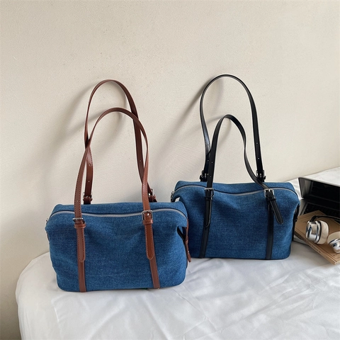 Women Denim Shoulder Bag Large Capacity Underarm Handbag Vintage Casual Commuting Denim Fabric With Adjustable Strap
