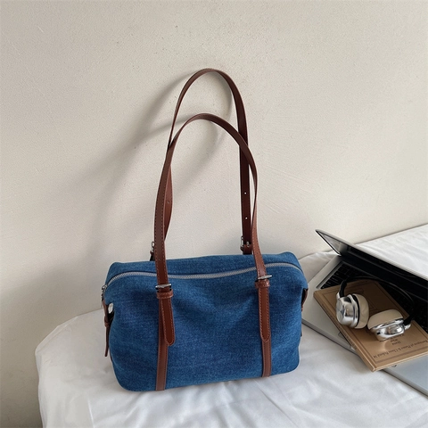Women Denim Shoulder Bag Large Capacity Underarm Handbag Vintage Casual Commuting Denim Fabric With Adjustable Strap