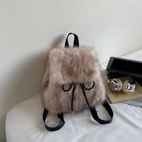 Faux Fur Backpack Women Plush Drawstring Shoulder Bag Korean Fashion Soft Winter Casual Rucksack Backpack For Girls
