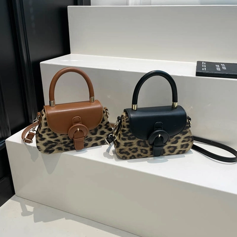 Crossbody Bag Leopard Print PU Leather Handheld Retro Small Square Fashion Handbag For Women Travel Daily Accessory