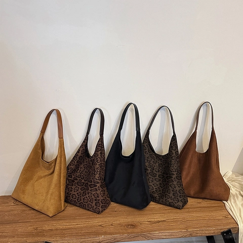 Vintage Suede Hobo Underarm Bag Large Capacity Leopard Print Commuter Shoulder Tote For Women Minimalist Casual