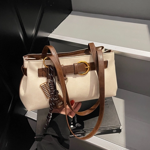 Retro PU Leather Underarm Boston Bag Simple Solid Color Shoulder Handbag With Metal Ring Buckle Niche Design For Women