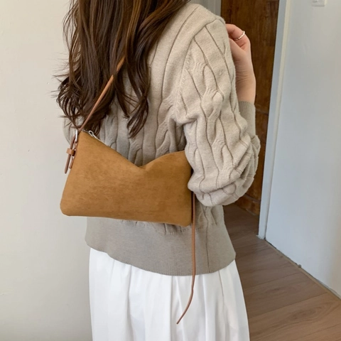 Retro Suede Shoulder Bag Leopard Print Baguette Minimalist Vintage Crossbody For Women Casual Versatile Solid Brown