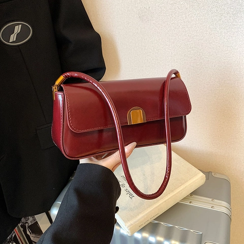 Vintage Damen Baguette Tasche PU Leder Minimalistische Achseltasche Schultertasche Mit Goldener Schnalle Retro Handtasche