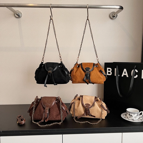 Bolso Bandolera Vintage Para Mujer De Gamuza Y Cuero PU Bolso De Hombro Con Cadena Chic Color Sólido Con Hebilla Y Cordón