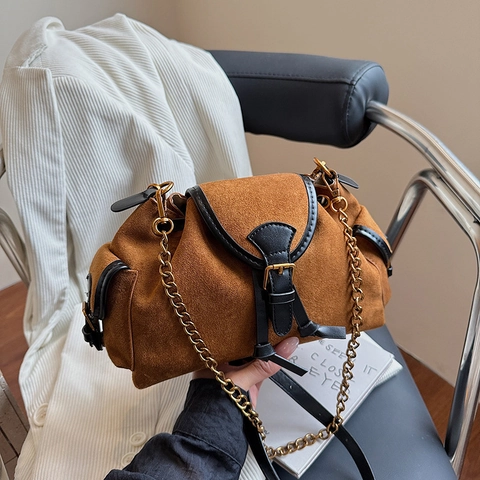Bolso Bandolera Vintage Para Mujer De Gamuza Y Cuero PU Bolso De Hombro Con Cadena Chic Color Sólido Con Hebilla Y Cordón