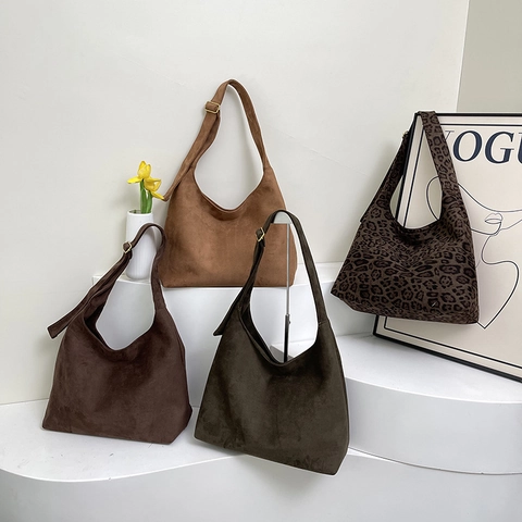 Retro Suède Hobo Tas Voor Dames Luipaardprint Grote Capaciteit Schoudertas Woon-Werkverkeer Verstelbare Riem