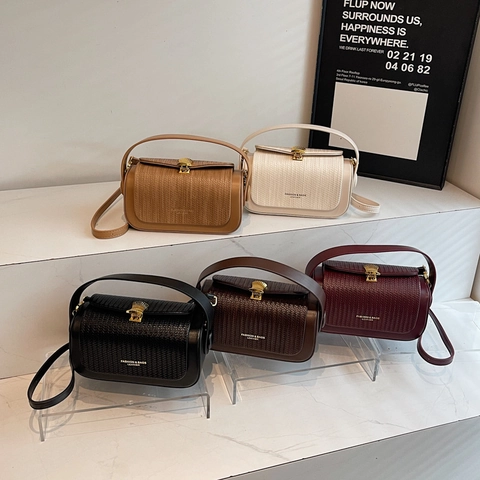 Vintage Damen Handtasche Aus Gewebtem PU Leder Patchwork Design Retro Quadratische Schulter Umhängetasche Mit Muschelschloss