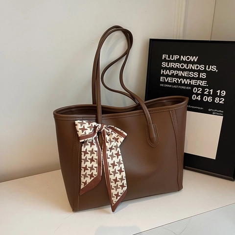 Women Tote Bag PU Leather Large Capacity With Houndstooth Satin Scarf Minimalist Shoulder Handbag Work Commute Travel