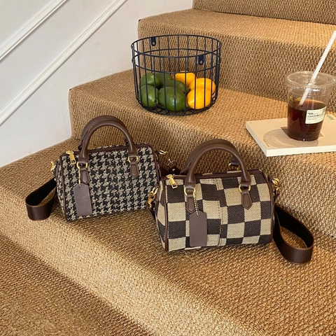 Borsa Boston Vintage Da Donna Pied-De-Poule Scacchi Borsa A Tracolla In Pelle PU Con Tracolla Larga Rimovibile Moda Retro