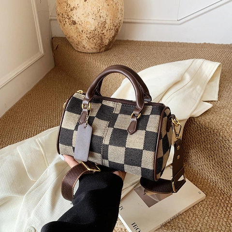 Borsa Boston Vintage Da Donna Pied-De-Poule Scacchi Borsa A Tracolla In Pelle PU Con Tracolla Larga Rimovibile Moda Retro