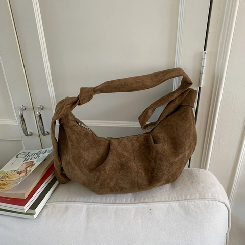 Hobo Tasche Wildlederoptik PU Große Kapazität Halbmond Schulter Umhängetasche Mit Knotengurt Retro Lässig Für Damen