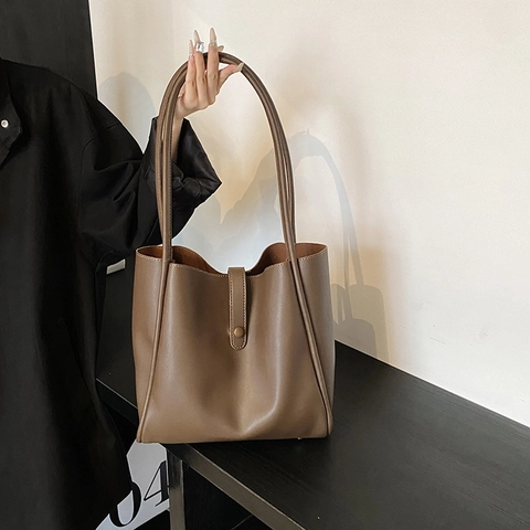 Bolso Tote De Cuero PU De Gran Capacidad Y Bolsa Pequeña Color Sólido Informal Diario Bolso De Hombro Para Mujer
