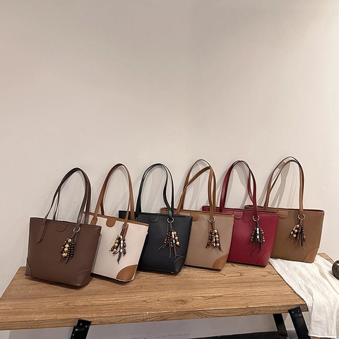 Bolso Tote De Gran Capacidad Para Mujer Patrón De Lychee Cuero PU Color De Contraste Patchwork Con Borla De Cuentas