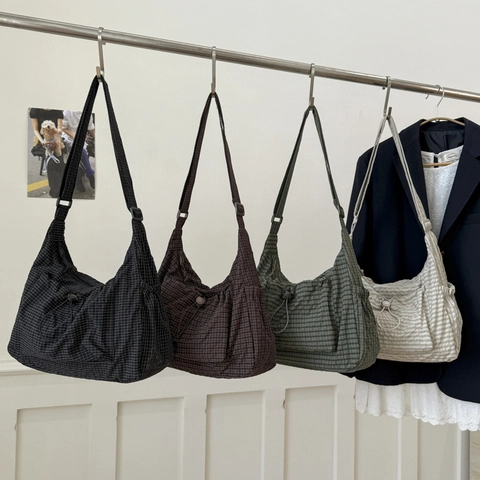 Dames Geruite Canvas Crossbodytas Grote Capaciteit Zak Met Trekkoord Verstelbare Riem Casual Schoudertas Koreaanse Stijl