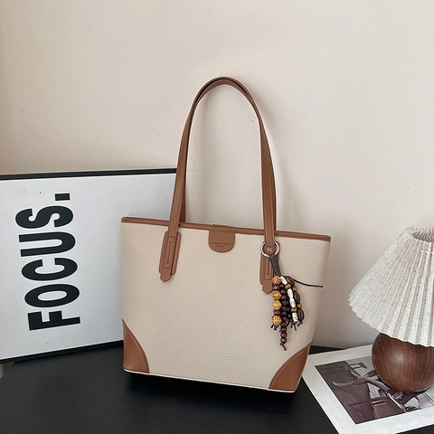 Bolso Tote De Gran Capacidad Para Mujer Patrón De Lychee Cuero PU Color De Contraste Patchwork Con Borla De Cuentas