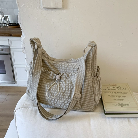 Dames Geruite Canvas Crossbodytas Grote Capaciteit Zak Met Trekkoord Verstelbare Riem Casual Schoudertas Koreaanse Stijl