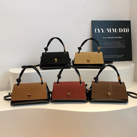 Borsa A Tracolla Retro In Pelle PU E Scamosciata Per Donna Con Manico A Nodo Chiusura Rotante Dorata Borsa A Mano Moda