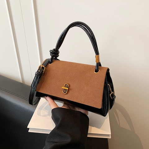 Borsa Tracolla Donna Pelle PU Camoscio Patchwork Retrò Chiusura Metallo Dorato Manico Nodo Stile Coreano