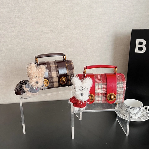 Vintage Plaid Crossbody Bag Women Woolen Fabric PU Leather Handbag With Metal Turn Locks And Cute Plush Dog Charm