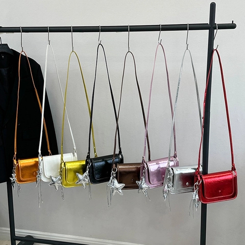Borsa a Tracolla da Donna in Pelle PU Metallica Moda Semplice Piccola Borsa a Tracolla Quadrata Con Ciondolo a Stella Retrò per Ragazze