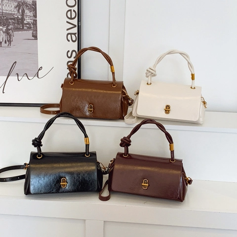 Bolso Bandolera Mujer Cuero Sintético Brillante Asa Anudada Cierre Metal Retro Simple Bolso De Mano Hombro Moda Diaria Elegante