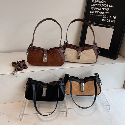 Gesteppte Baguette Tasche Damen PU Wildleder Silber Verschluss Vintage Schulter Umhängetasche Kontrast Farbe Chic Tasche