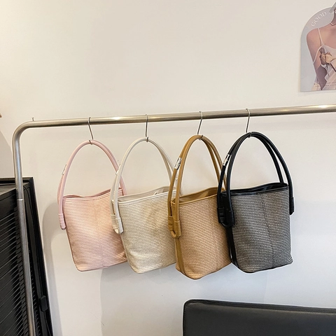 Women Woven Bucket Bag PU Leather Handbag Casual Summer Vacation Simple Retro Solid Color Tote