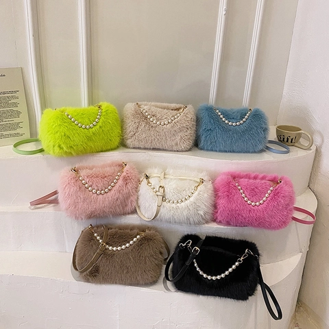 Borsa A Tracolla In Peluche Pelliccia Sintetica Con Manico In Künstliche Perle Borsa A Mano Invernale Dolce Per Donna