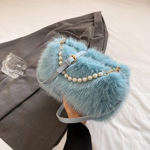 Borsa A Tracolla In Peluche Pelliccia Sintetica Con Manico In Künstliche Perle Borsa A Mano Invernale Dolce Per Donna