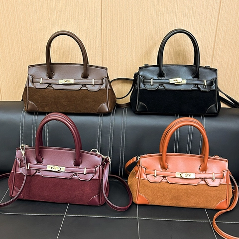 Borsa A Mano Da Donna In Pelle PU E Scamosciato Con Serratura Dorata Doppio Manico Tracolla Rimovibile Retro