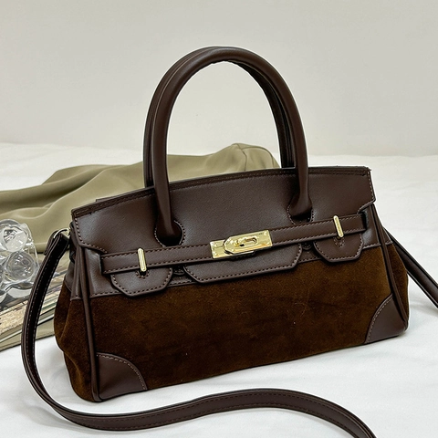 Borsa A Mano Da Donna In Pelle PU E Scamosciato Con Serratura Dorata Doppio Manico Tracolla Rimovibile Retro