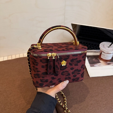 Umhängetasche Leopardenmuster Wildleder Goldkette Griff Schminkkoffer Box Retro Mode Damen