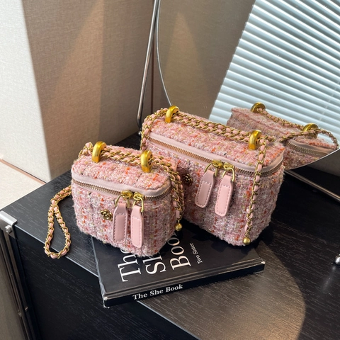 Elegante Tweed Umhängetasche Box Bag Mit Blumendekor Metallkettenriemen Vintage Kosmetikkoffer Für Damen