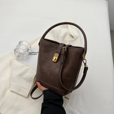Bucket Bag Retro PU Leather Crinkle Texture Top Handle Crossbody Handbag For Women Simple Fashion Solid Color Gold Lock