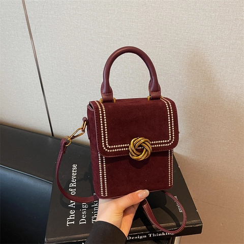Borsa Tracolla Vintage Effetto Scamosciato PU Donna Piccola Borsa Mano Chiusura Metallo Manico Borsa Spalla Elegante