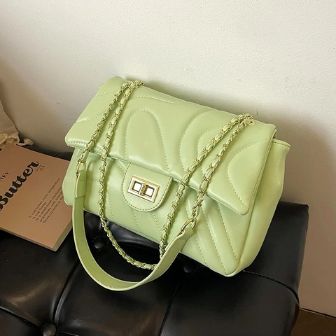 Women Quilted Wave Pattern Shoulder Bag PU Leather Gold Metal Turn Lock Chain Strap Retro Small Square Flip Crossbody Bag