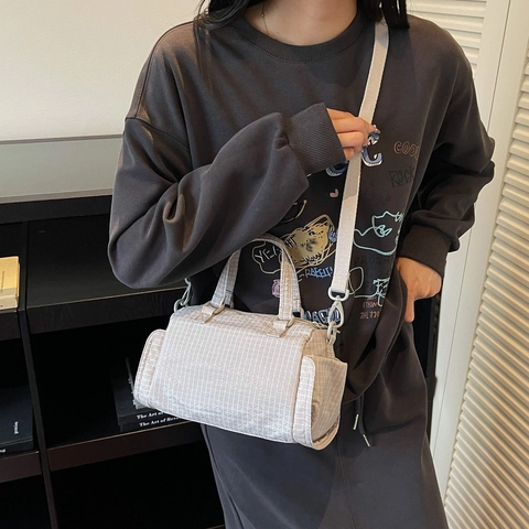 Karierte Segeltuch Handtasche Große Kapazität Schulter Umhängetasche Mit Abnehmbarem Gurt Einfache Lässige Boston Tasche Achsel