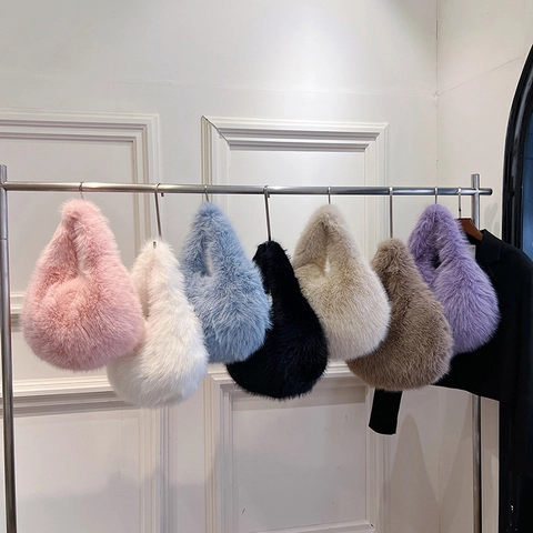Bolso Hobo De Piel Sintética Para Mujer Bolso De Axila Suave Y Peludo Para Invierno Diario Commute Color Sólido
