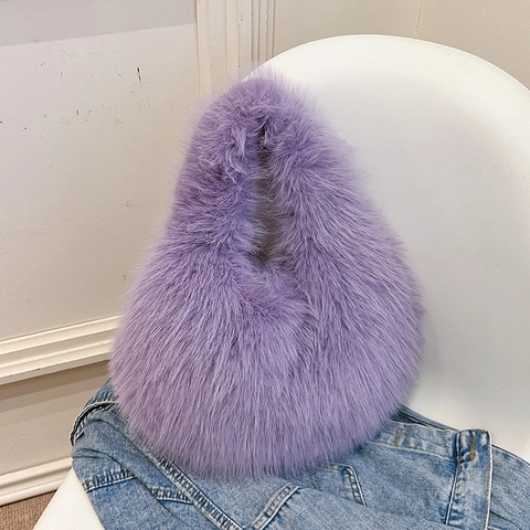 Bolso Hobo De Piel Sintética Para Mujer Bolso De Axila Suave Y Peludo Para Invierno Diario Commute Color Sólido
