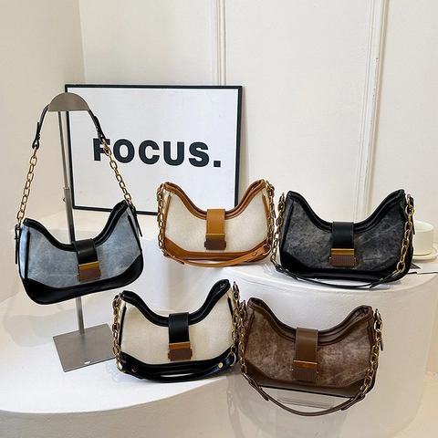 Vintage Hobo Underarm Bag Spliced Denim And PU Leather With Gold Chain Trendy Contrast Color Shoulder Handbag For Women