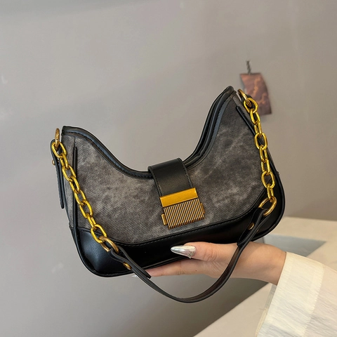 Vintage Hobo Underarm Bag Spliced Denim And PU Leather With Gold Chain Trendy Contrast Color Shoulder Handbag For Women