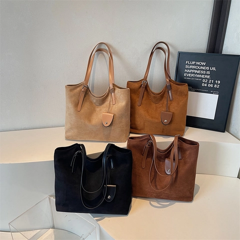 Vintage Faux Suede Tote Bag Large Capacity Minimalist Solid Color Shoulder Handbag For Women Daily Commute Travel