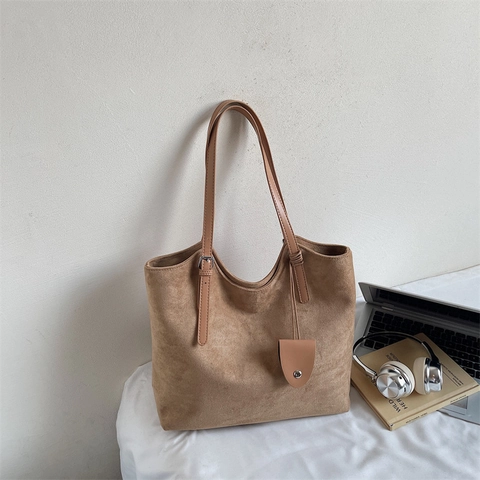 Vintage Faux Suede Tote Bag Large Capacity Minimalist Solid Color Shoulder Handbag For Women Daily Commute Travel