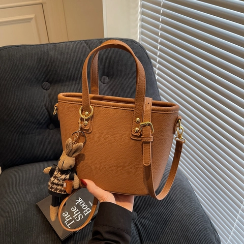 Borsa A Secchiello In Pelle PU Venata Per Donna Borsa A Mano Con Manico Superiore Tracolla Con Ciondolo Coniglio
