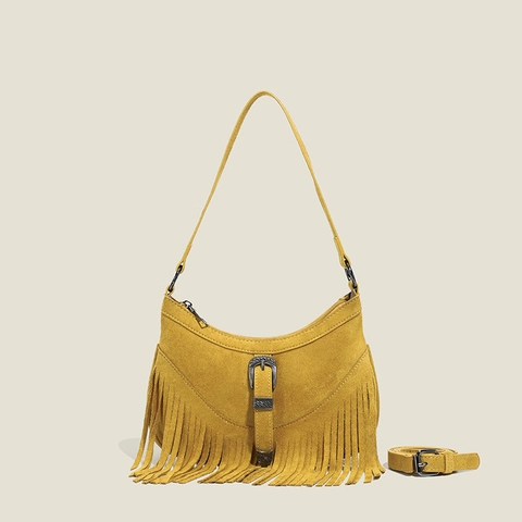 Vintage Tassel Crossbody Bag For Women PU Leather Bohemian Style Shoulder Bag With Adjustable Strap Metal Buckle Solid Color