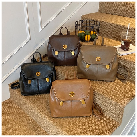 Vintage Women Backpack PU Leather Large Capacity Retro Square Bag With Metal Lock Functional For Daily Travel Office