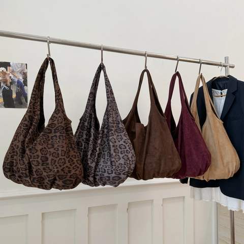 Women Large Capacity Hobo Bag Retro Suede Fabric Shoulder Tote Casual Commute Solid Color Leopard Print