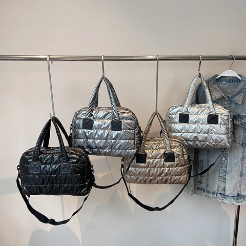 Grote Gewatteerde Puffer Tote Tas Metallic Glanzende Gewatteerde Stof Handtas Met Afneembare Schouderriem Voor Dames Chic