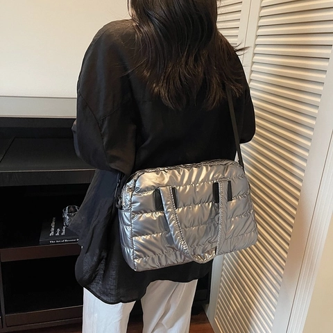 Grote Gewatteerde Puffer Tote Tas Metallic Glanzende Gewatteerde Stof Handtas Met Afneembare Schouderriem Voor Dames Chic